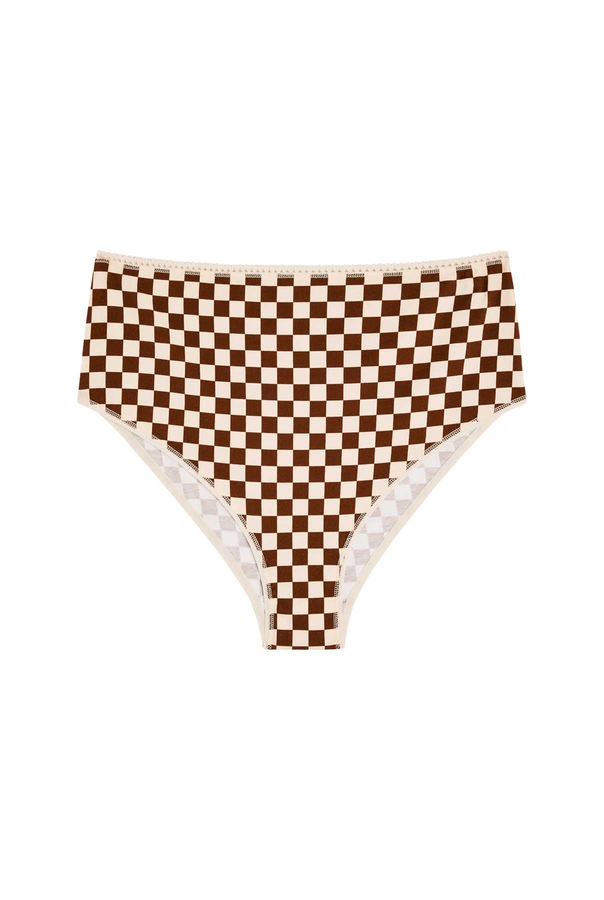 High-waisted briefs in organic cotton - brown checkerboard pattern